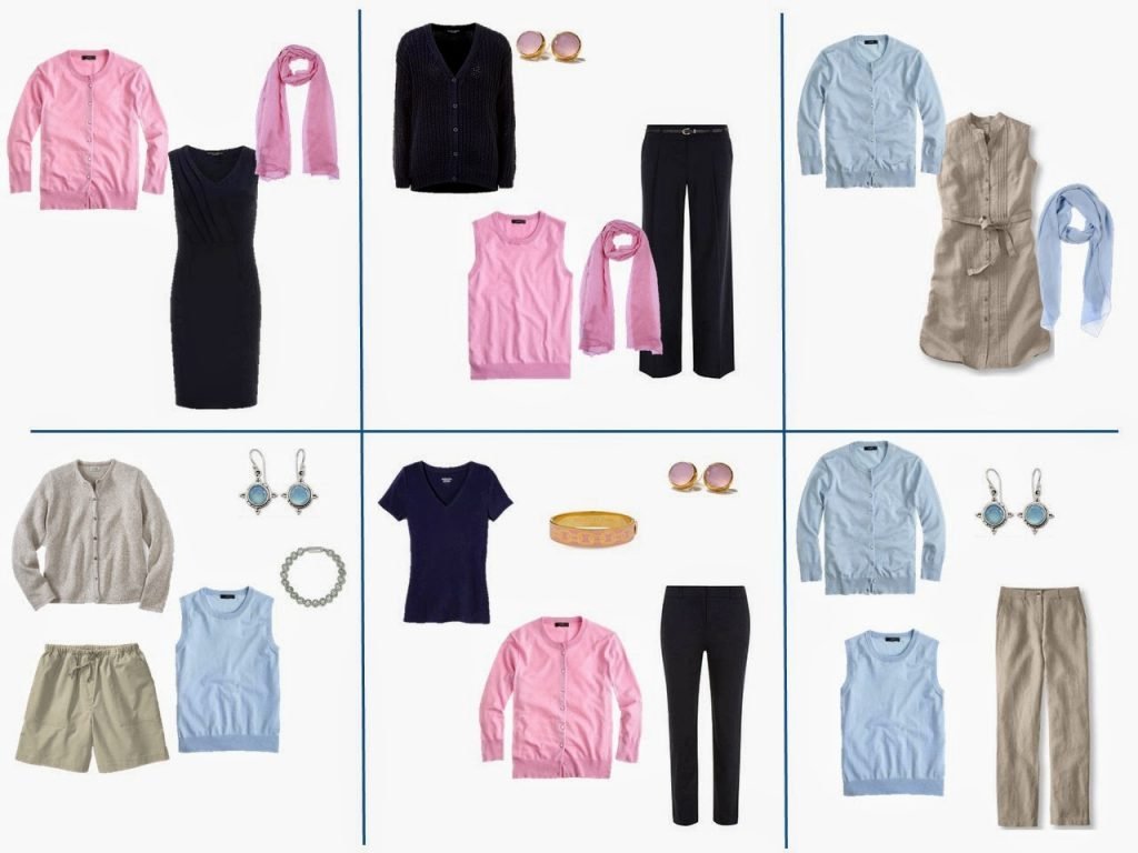 six outfits taken from a capsule travel wardrobe of navy and beige with pink and light blue accents