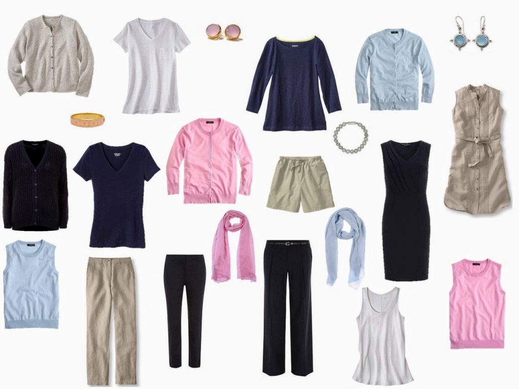 navy, beige, pink and light blue travel capsule wardrobe