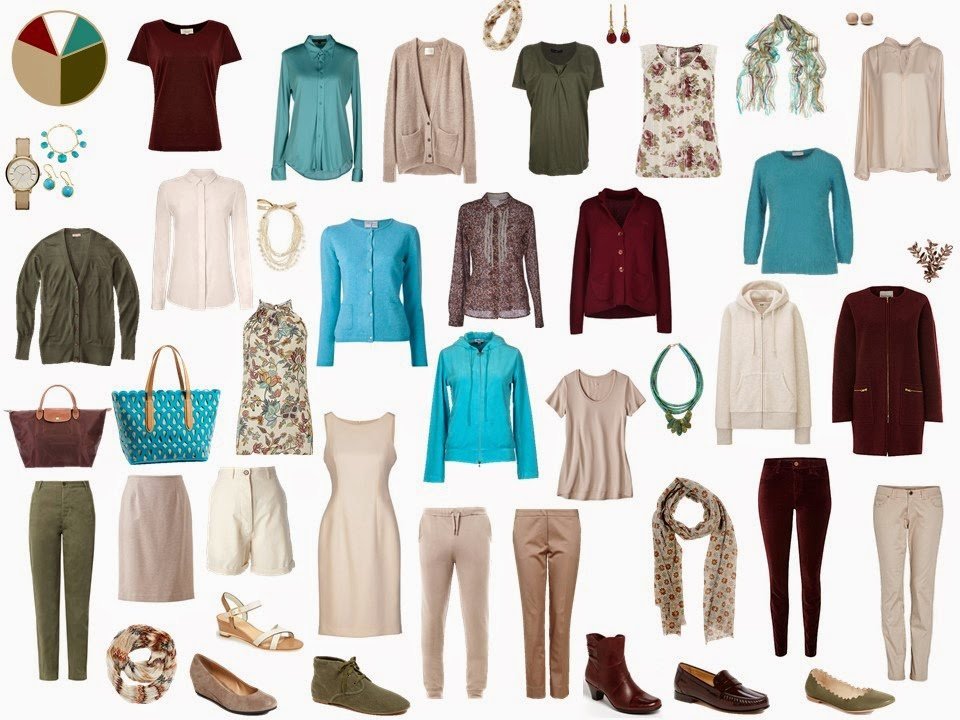 olive and beige Starting From Scratch wardrobe with turquoise and maroon accents