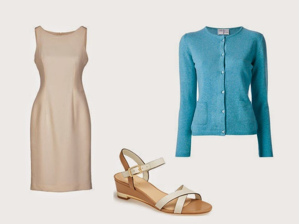 beige dress beige sandals turquoise cardigan Starting From Scratch Wardrobe