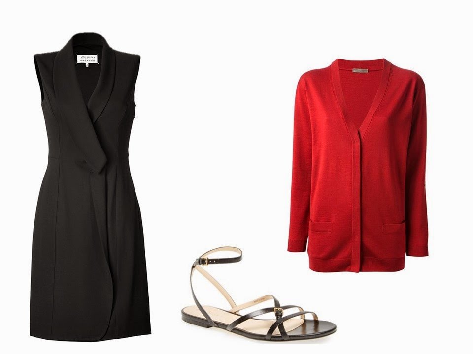 black dress black sandals and red cardigan