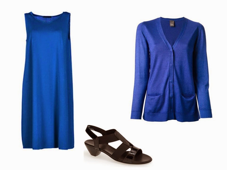 blue dress and blue cardigan with black sandals