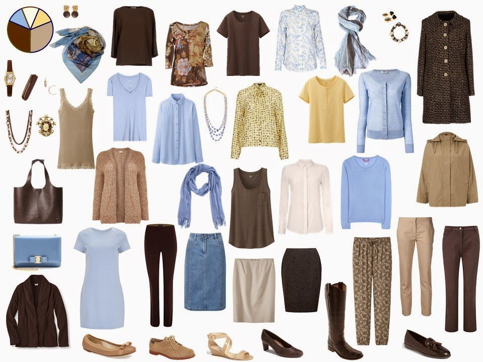 brown and beige Starting From Scratch Wardrobe with blue and yellow accents