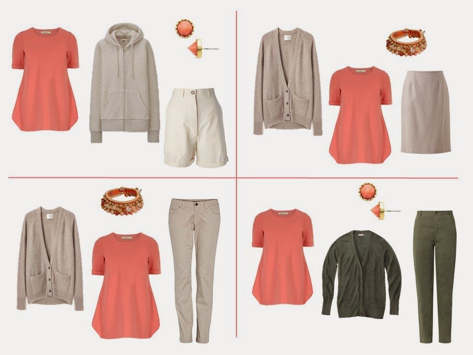 wear coral and khaki together, wear coral and beige together, wear coral and olive together