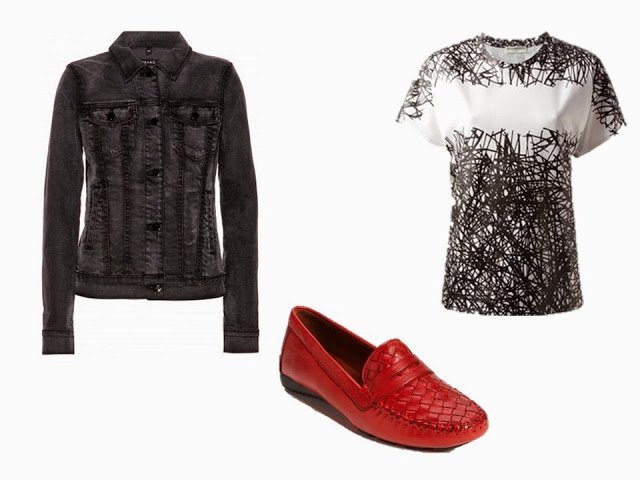 black denim jacket, black and white tee shirt, and red loafers to add to the Black and Grey Starting From Scratch Wardrobe
