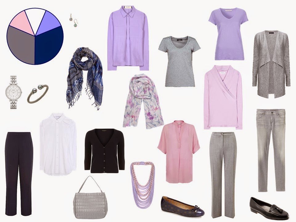 11 piece grey, navy, pink and lavender travel capsule wardrobe