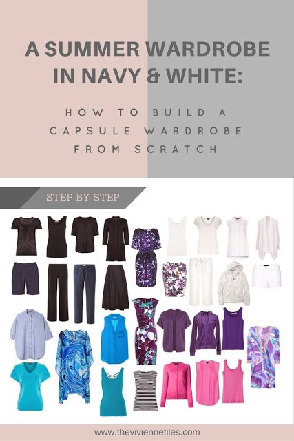 How to build a summer capsule wardrobe from scratch in a navy, white, and purple color palette