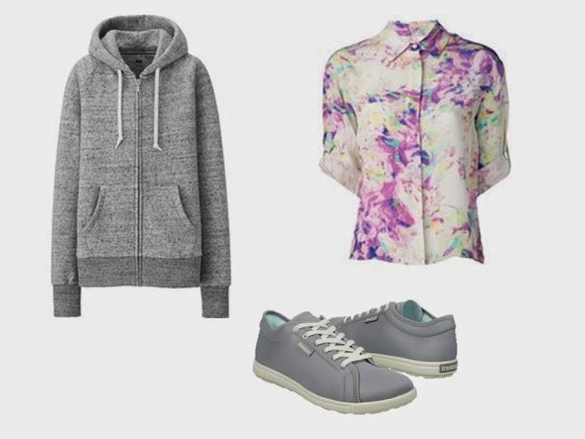 Grey hooded sweatshirt, flowered blouse, and canvas shoes to add to a Starting From Scratch wardrobe in grey and navy