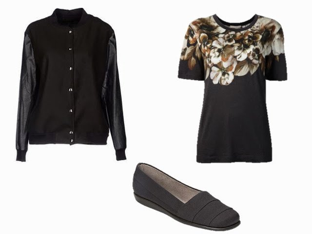 Black baseball jacket, black floral top, and black canvas flats, to add to the Caramel and Black Starting From Scratch Wardrobe