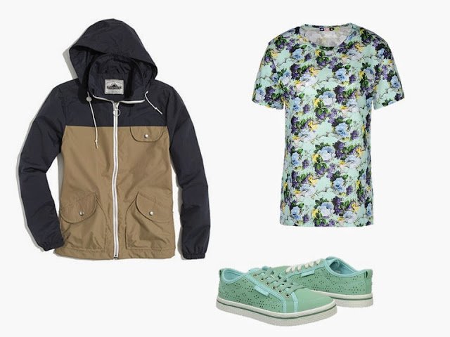 A navy and tan jacket, a floral top, and green eyelet trainers, to add to the Navy and Tan Starting From Scratch Wardrobe