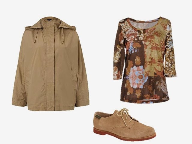 Tan jacket, floral top, and tan oxfords to add to the Brown and Tan Starting From Scratch Wardrobe