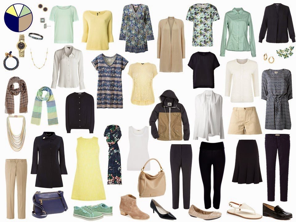 navy and beige Starting From Scratch Wardrobe with yellow and mint green accents