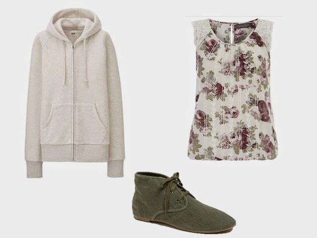 Sweatshirt, floral top, and canvas shoes to add to the khaki and olive green Starting From Scratch Wardrobe