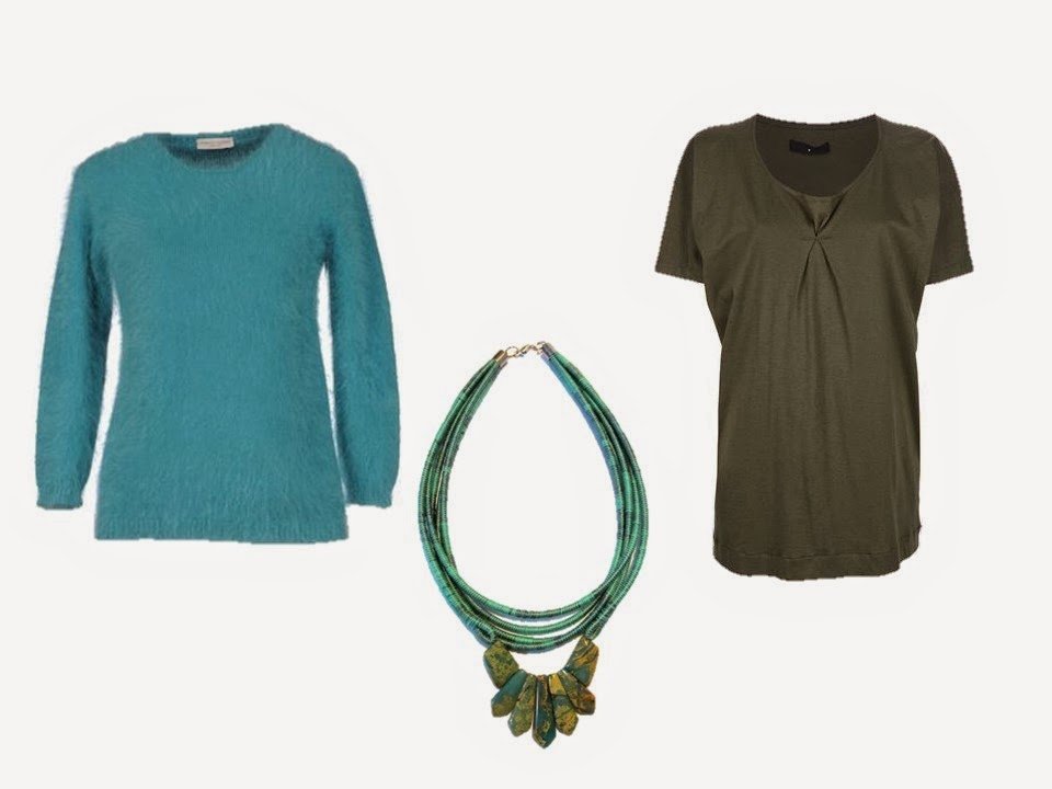 turquoise sweater, olive green blouse, and turquoise and olive jasper and pyrite necklace