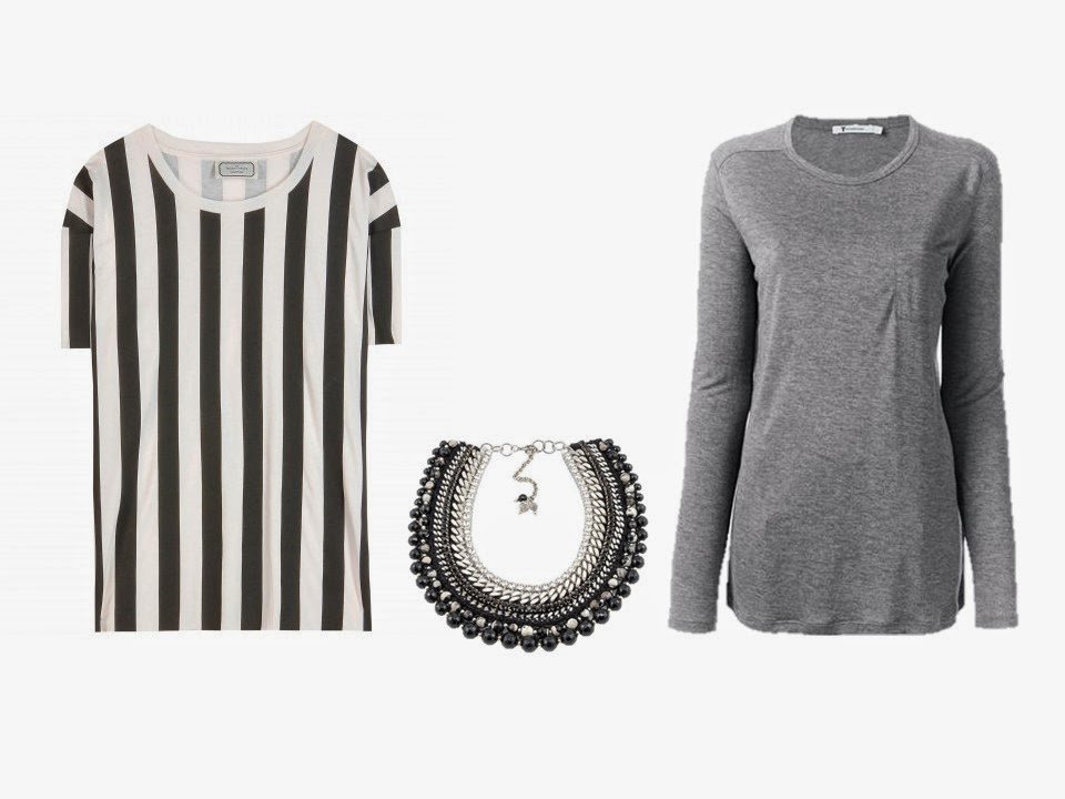 black and white striped tee, black grey silver necklace, and grey tee shirt