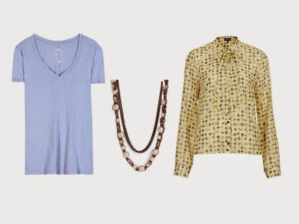 blue tee shirt, brown necklace, and yellow and brown print blouse