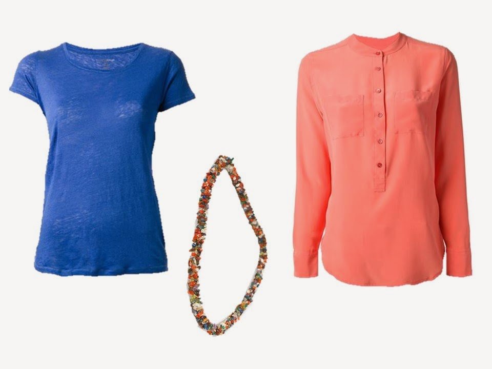 blue tee shirt, multi-gem necklace, and coral tunic