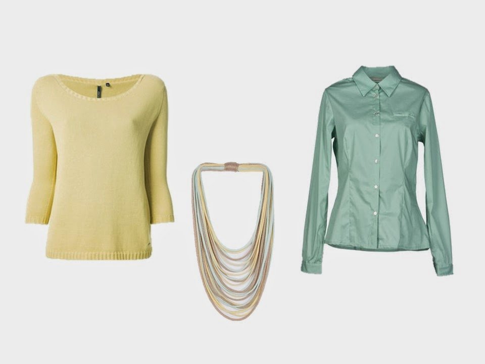 yellow sweater, green shirt, and yellow and green silk necklace