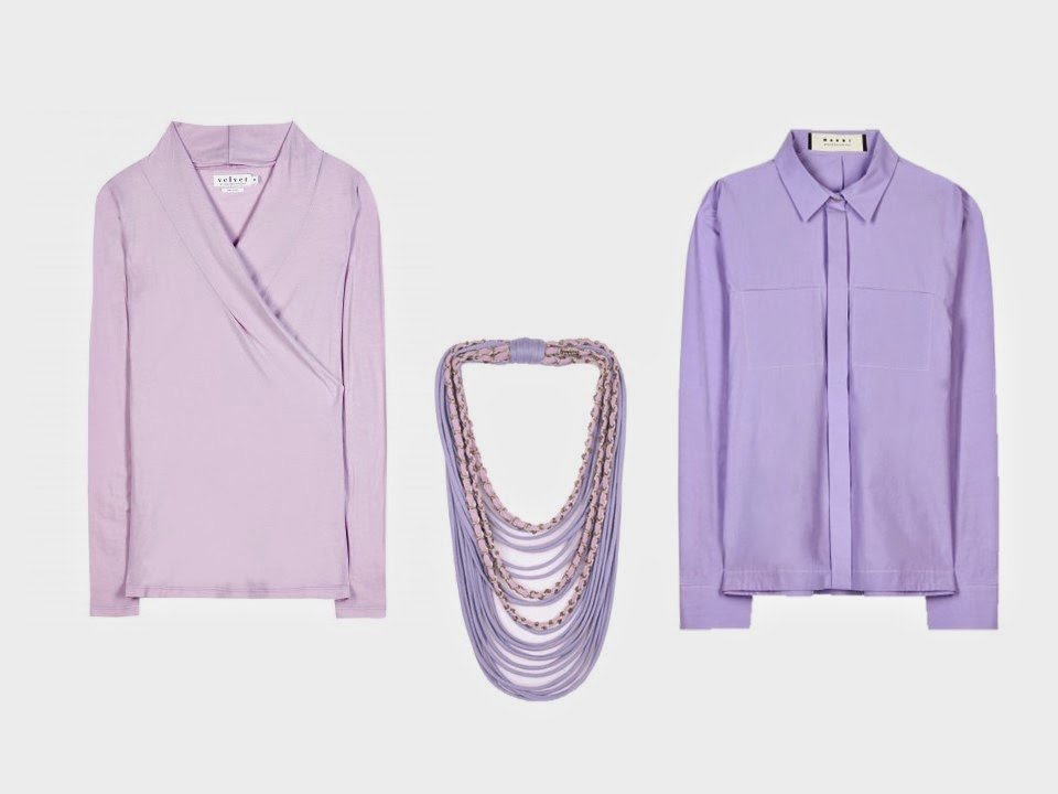 pink blouse, lavender blouse, and pink and lavender silk necklace