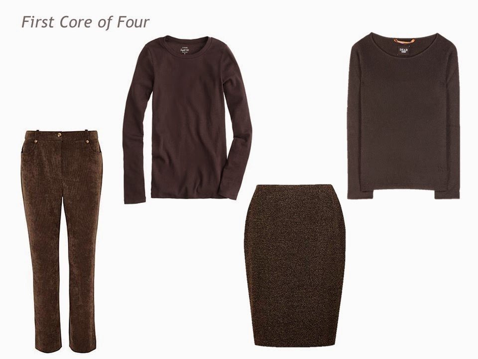Core of Four garments in brown: corduroy pants, tee shirt, skirt and sweater