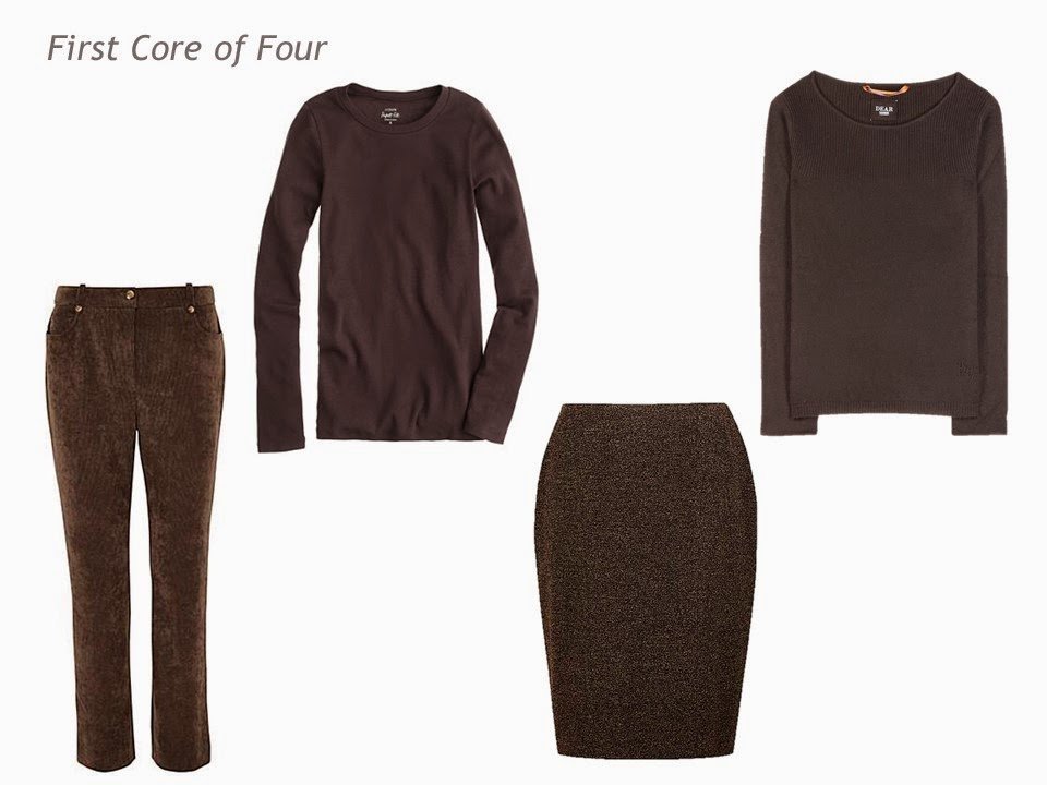 Core of Four garments in brown: corduroy pants, tee shirt, skirt and sweater