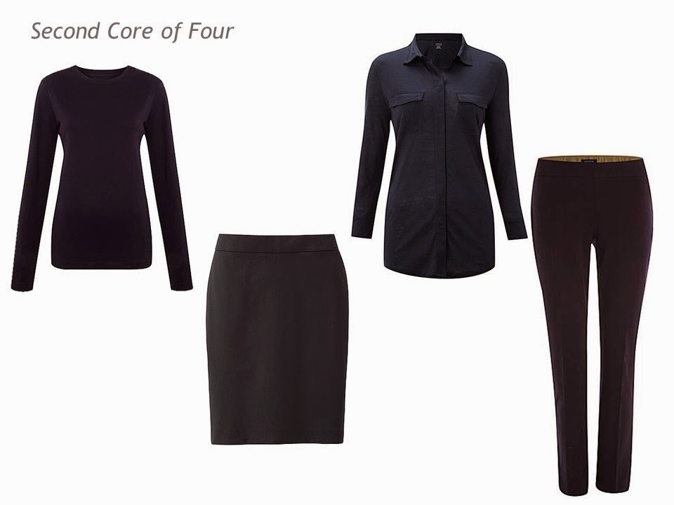Core of Four navy garments: tee shirt, skirt, silk shirt and twill trousers