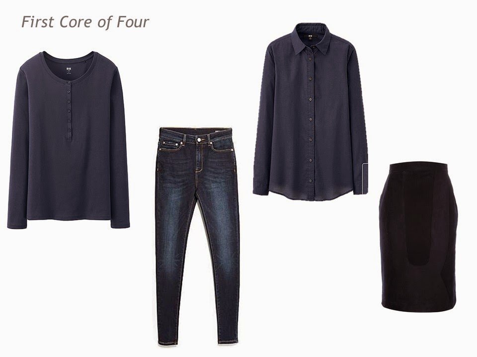 Core of Four garments in navy - henley shirt, jeans, blouse and skirt