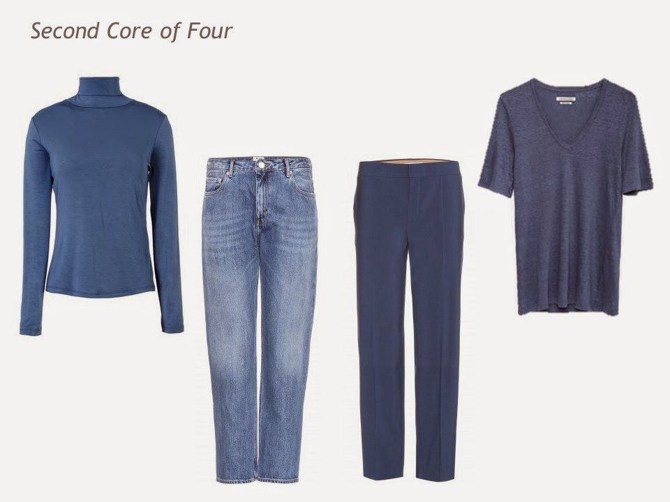 Core of Four garments in denim blue: turtleneck, jeans, trousers and tee shirt