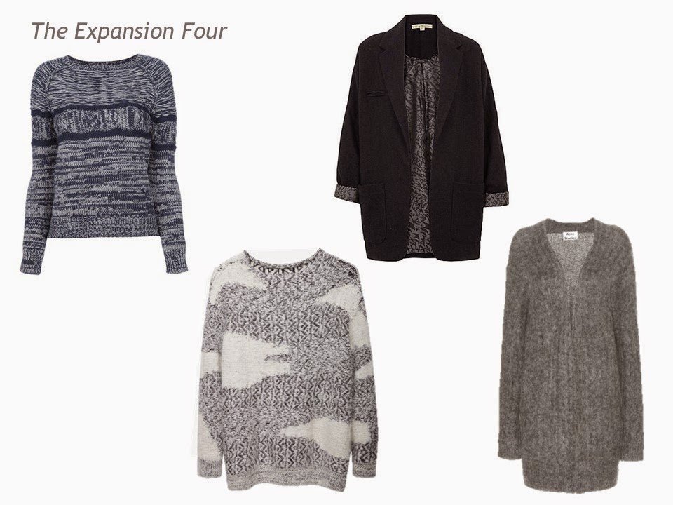An Expansion Four in navy and grey - two sweaters, a blazer and a cardigan
