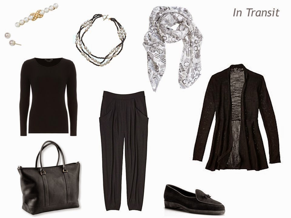 What to wear flying to Paris - all black, with pearl accessories