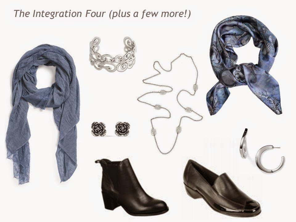 accessories - shoes, scarves, and jewelry - to accent a wardrobe of navy, grey, smoky blue and pearl grey