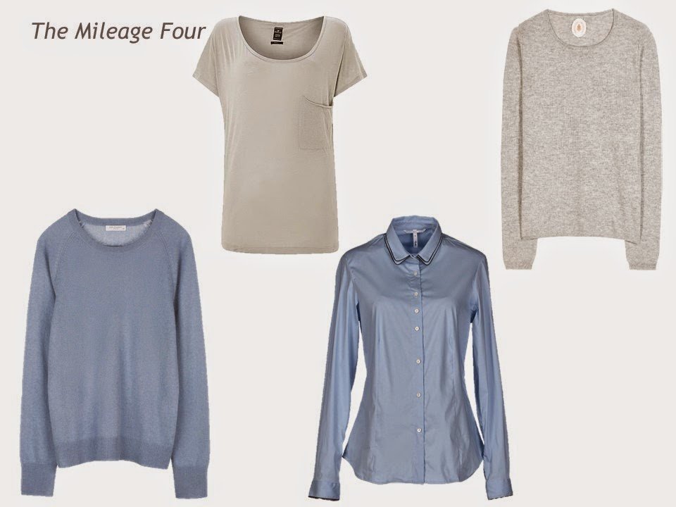 A Mileage Four - two sweaters, a tee shirt and a blouse -in pearl grey and smoky blue