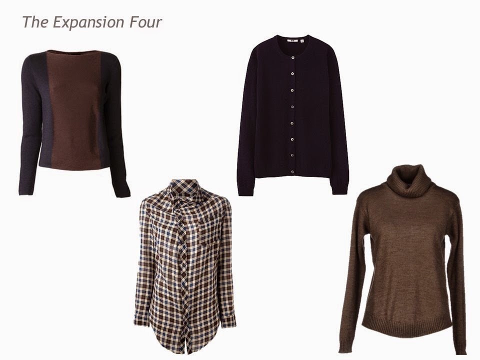 Expansion Four garments in navy and brown - color blocked sweater, plaid blouse, cardigan and turtleneck