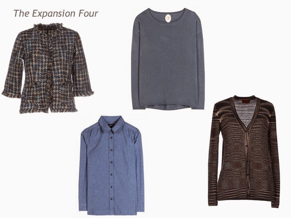 Expansion Four garments in brown and denim blue: tweed jacket, chambray shirt, sweater and cardigan