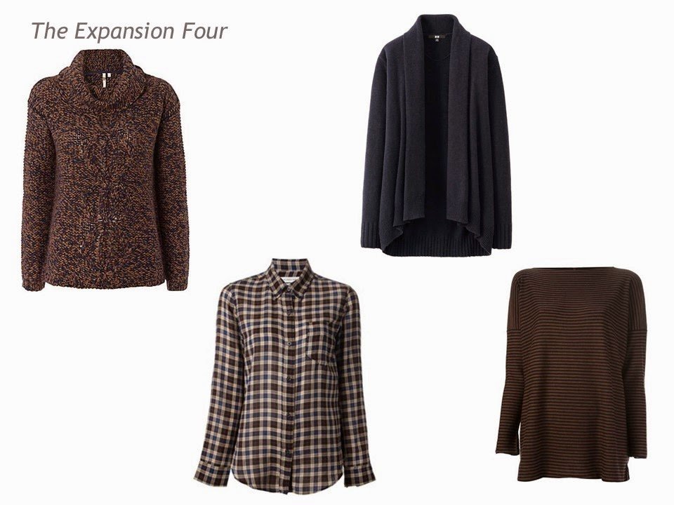 The Expansion Four in brown and navy: marled turtleneck, plaid blouse, cardigan and striped sweater