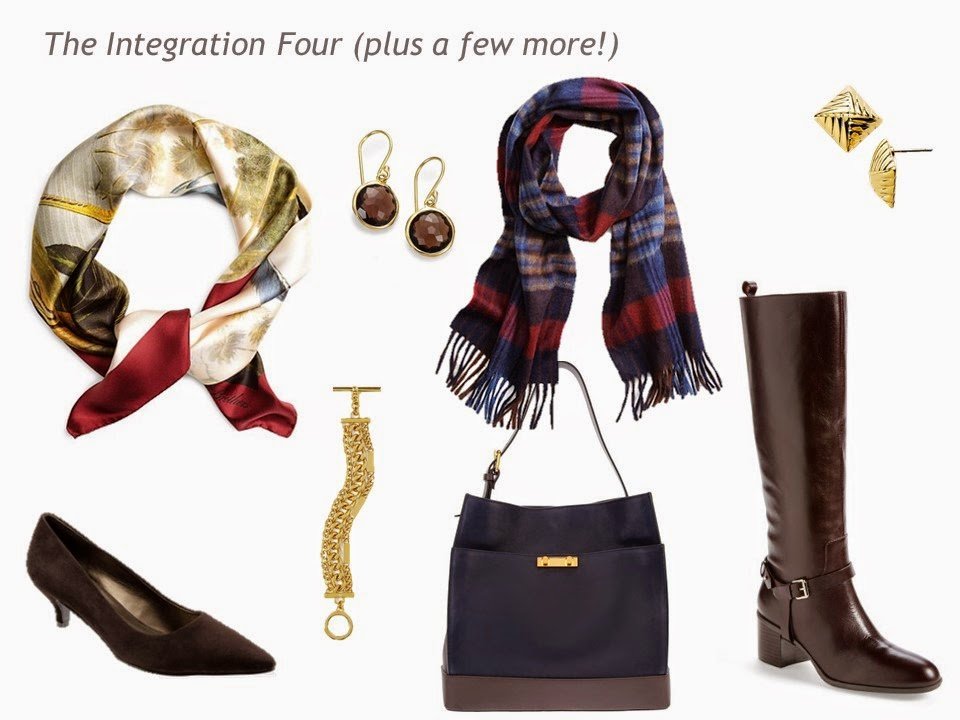 The Integration Four + accessories: shoes, jewelry, scarves and a bag