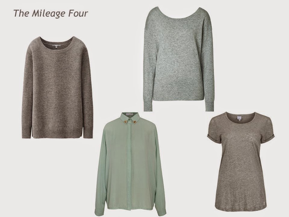 Expansion Four garments in mint green and grey: tunic sweater, blouse, sweater and tee shirt