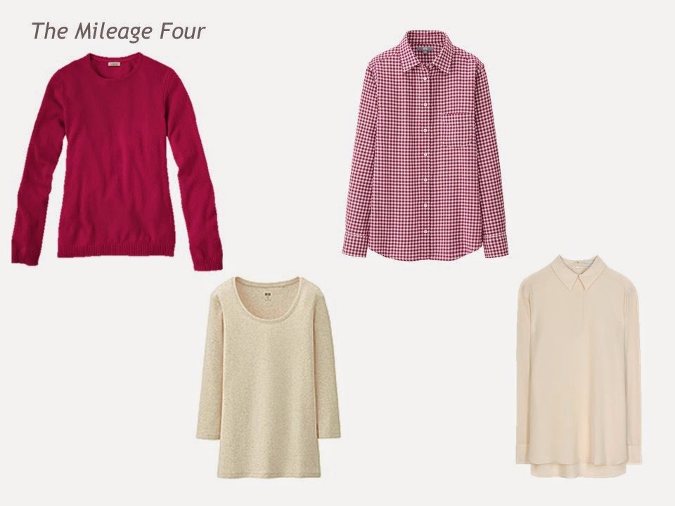 Mileage Four garments in berry and beige: sweater, tee shirt, plaid shirt and blouse