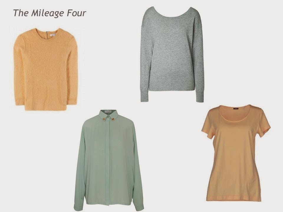The Mileage Four in Apricot and Celadon: sweater, blouse, tee shirt and sweater