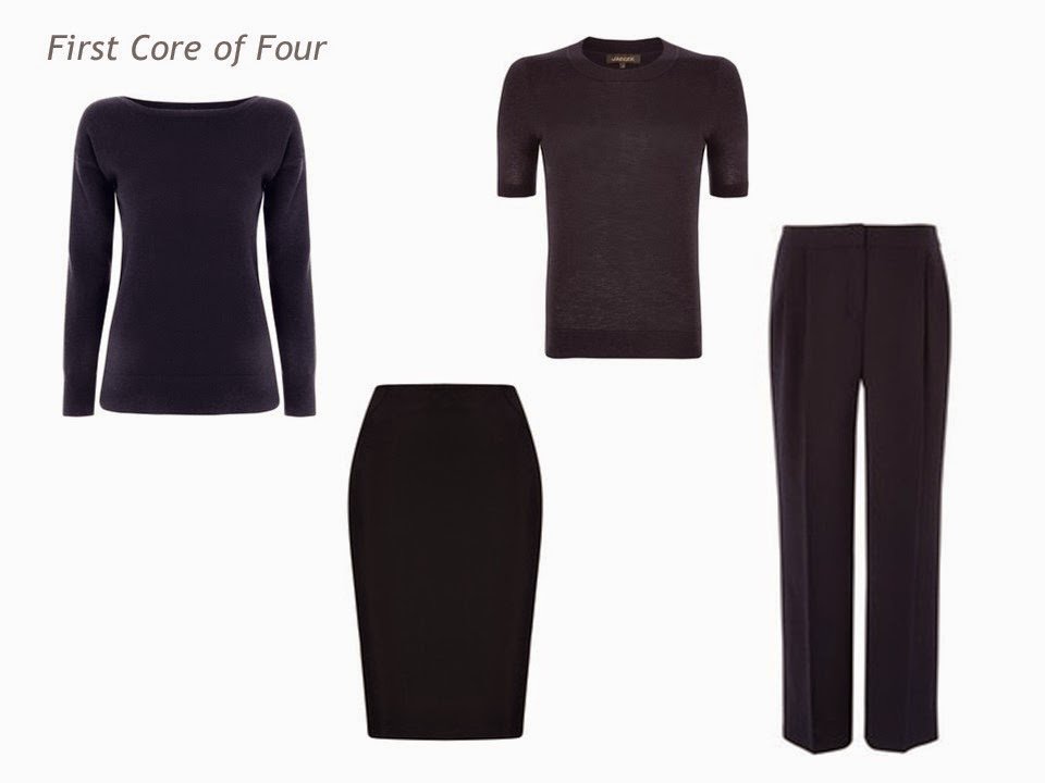 Core of Four four garments in one color navy tops, pants and a skirt