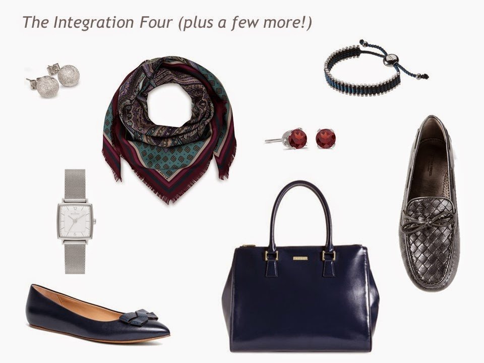 The Integration Four accessories for a navy, grey, teal and burgundy Four by Four Wardrobe