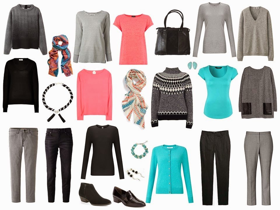 a 4 by 4 cold weather travel capsule wardrobe in Coral, Turquoise, Black and Grey