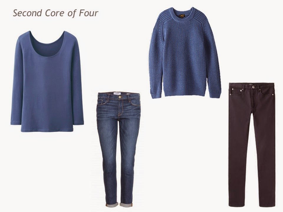 Core of Four in denim blue: tee shirt, boyfriend jeans, sweater and dark-wash jeans