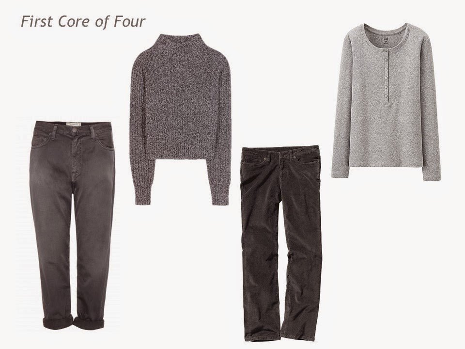 Core of Four in grey: jeans, sweater, corduroy pants and Henley tee shirt