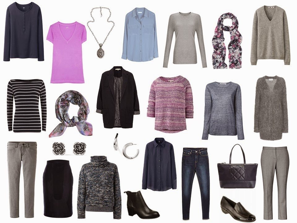 A 4 by 4 Capsule Wardrobe in Bright Plum, Smoky Blue, Navy and Grey ...