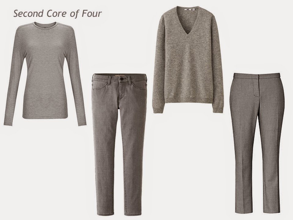 A Core of 4 in grey: tee shirt, jeans, v-neck sweater, and trousers