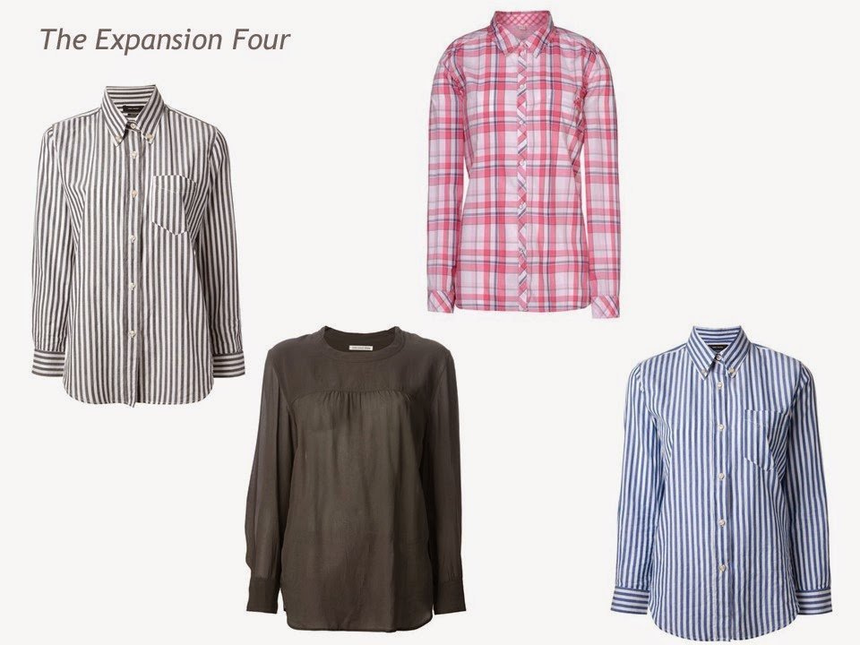 An Expansion Four: grey striped shirt, grey top, pink plaid shirt and blue striped shirt