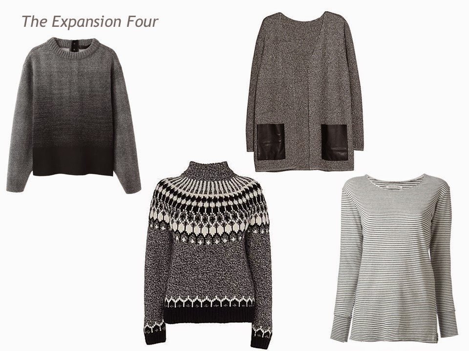An expansion four in grey and black: on ambre sweater, a Fair Isle turtleneck, a tweed cardigan and a striped tee