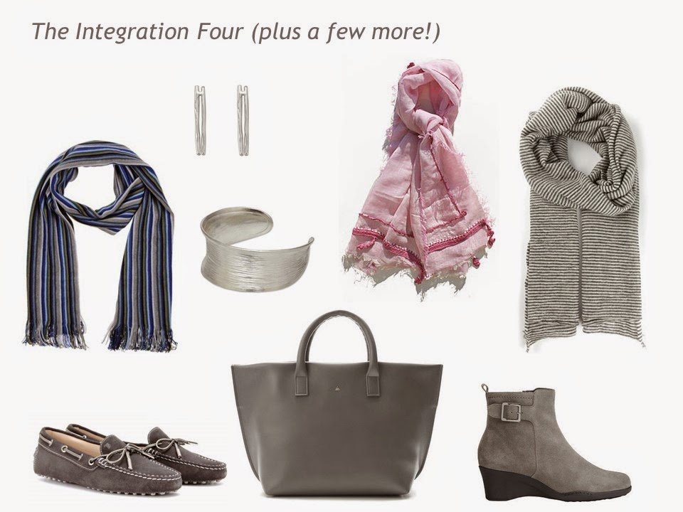 An Integration 4+ of scarves, shoes, jewelry and a bag