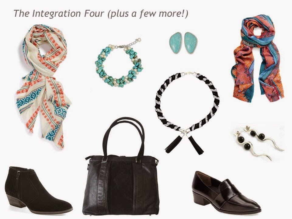 The Integration Four+ of scarves, jewelry, shoes and a bag, in Coral Turquoise, Black and Grey